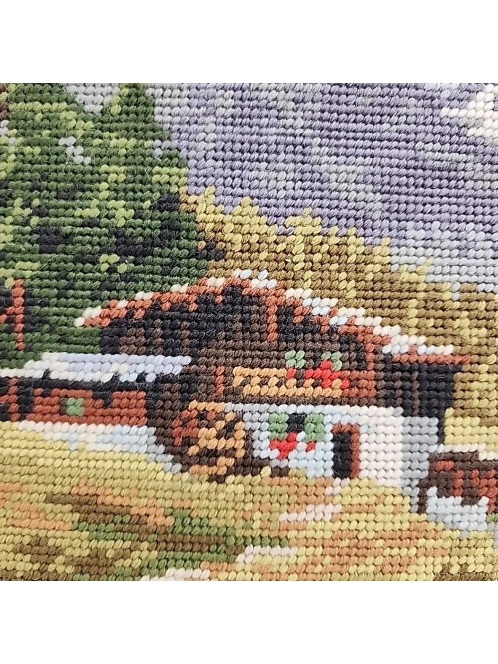Vintage Alpine Lodge Mountain Cross Stitch Art Framed Landscape Anniversary